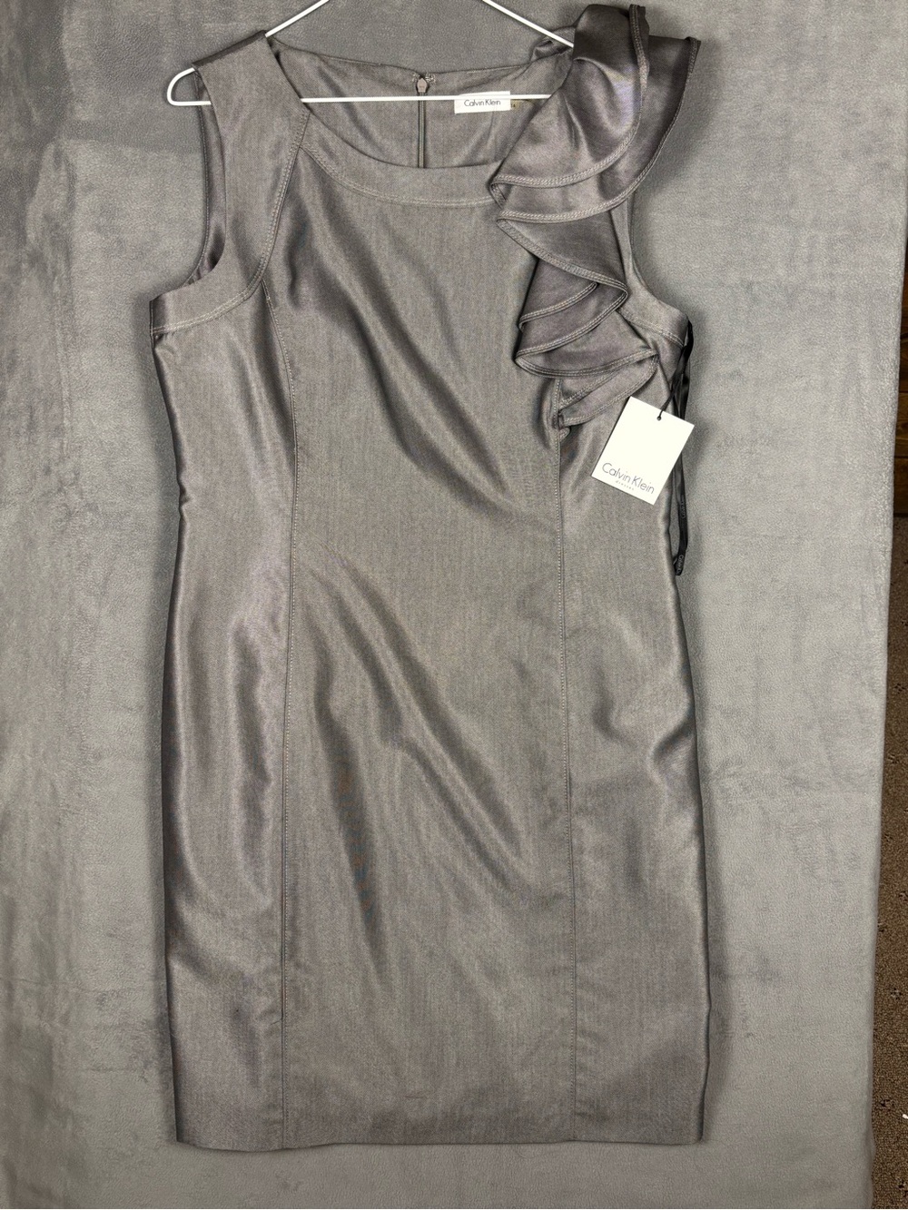 Calvin‎ Klein Metallic Gray Ruffle Sheath Dress 14 NWT Cocktail Wedding Guest